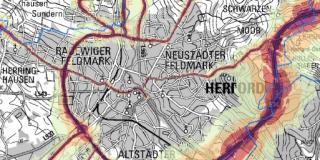 Kartenausschnitt von Herford mit mehrfarbigeg eingezeichneten Lärmpegeln