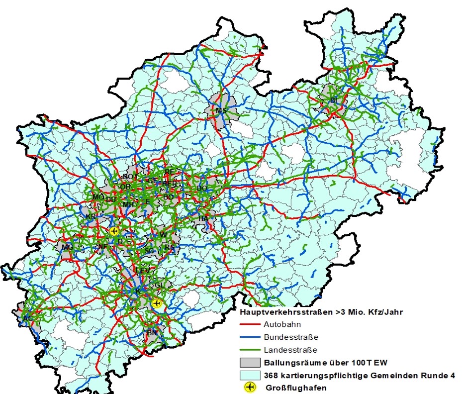 detaillierte NRW-Karte der Hauptverkehrsstraßen mit über 3 Millionen Kraftfahrzeugen im Jahr